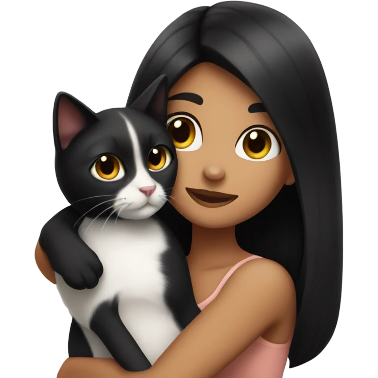 Tanned woman with long black hair hugging a black and white cat  emoji
