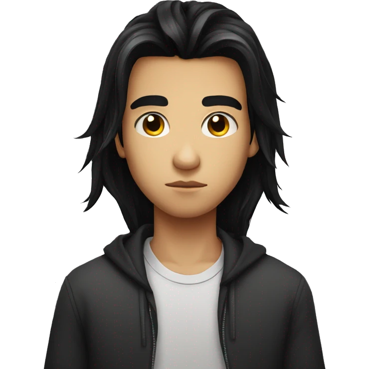Long black hair teenager boy serious face emoji