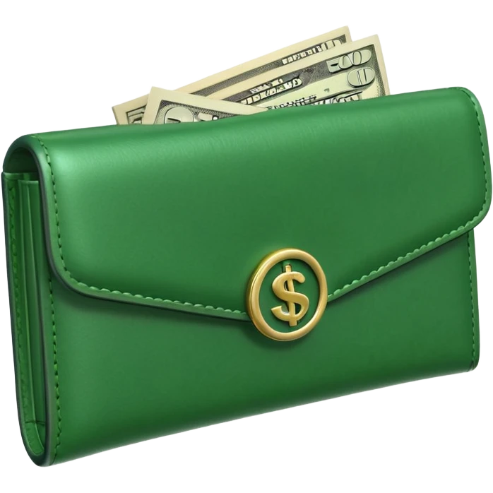 Rich emoji style green leather wallet with dollar bills, luxury money vibe, premium 3D emoji, ultra clean, high detail, no background emoji