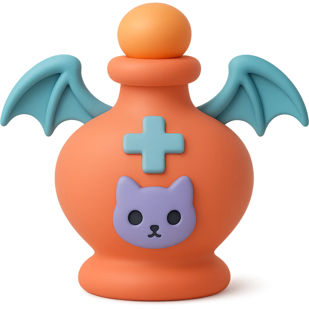Create a mochi style rainbow goth potion bottle with a cat motif, featuring a soft and cute gothic look. Remove the background. emoji
