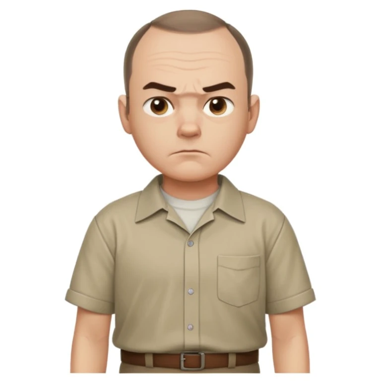 Carl from Sling Blade, serious expression, recognizable features, neutral background, full body, chin sticking out, slouching posture, no glasses, shirt with collar emoji