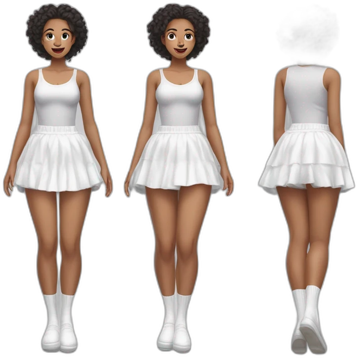 Hyperrealistic Full body Caucasian curvy beauty jumping short white skirt back and front views strong wind knickers long white socks emoji