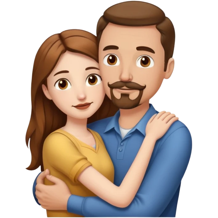 Tall white man with brown mustache goatee hugging a short pale woman with long brown hair emoji