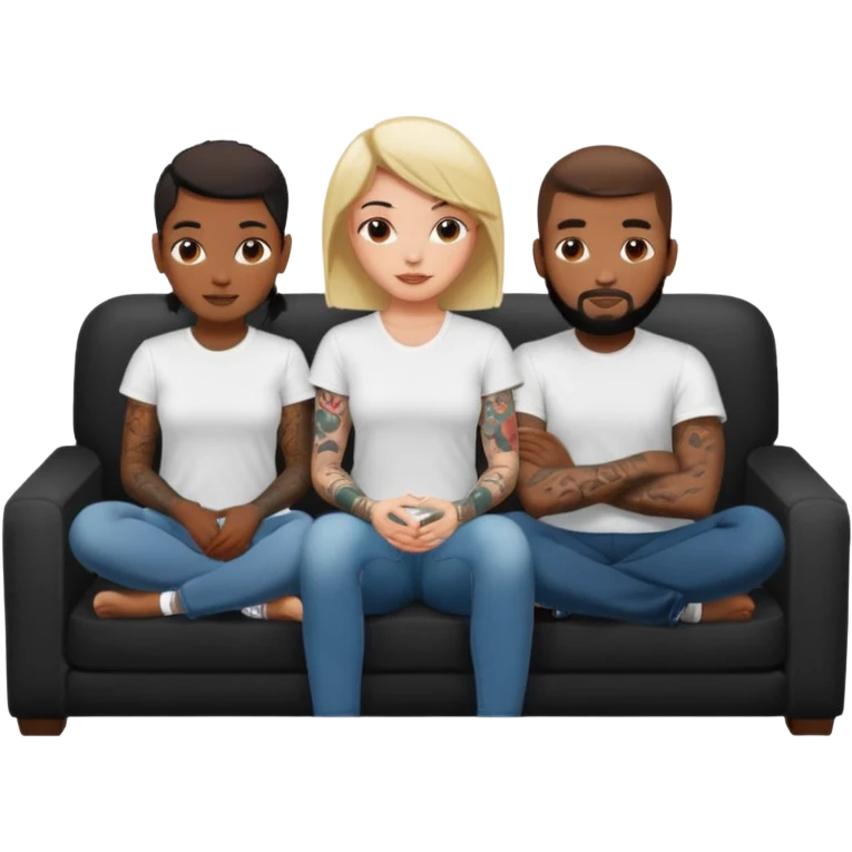 couch, naked people sitting: tattoed female, 2 black males emoji