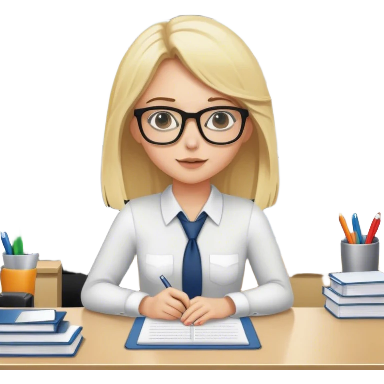 Blonde girl working at her desk in office with glasses emoji