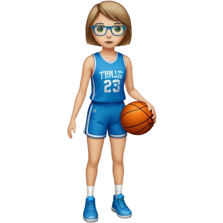 Full Body Girl with basketball real short brown hair with blond highlights wearing blue glasses with green eyes emoji