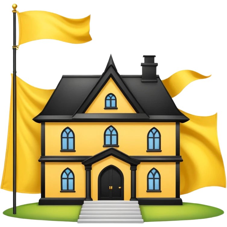 white background, magic school, black roof, with a big flag, big flag on a roof, big yellow flag, white school emoji