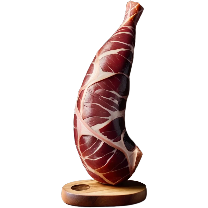 _cinematic-realistic-spanish-ham-leg,-depicted-as-a-massive,-cured-leg-of-jamón-serrano-(ham)-with-a-deep-reddish-brown-hue on the outside,-intricately-marbled-and-slightly-glossy-with-age,-elegantly-displayed-on-a-rustic-wooden-stand-and-bathed-in-warm - jamon prosciutto emoji