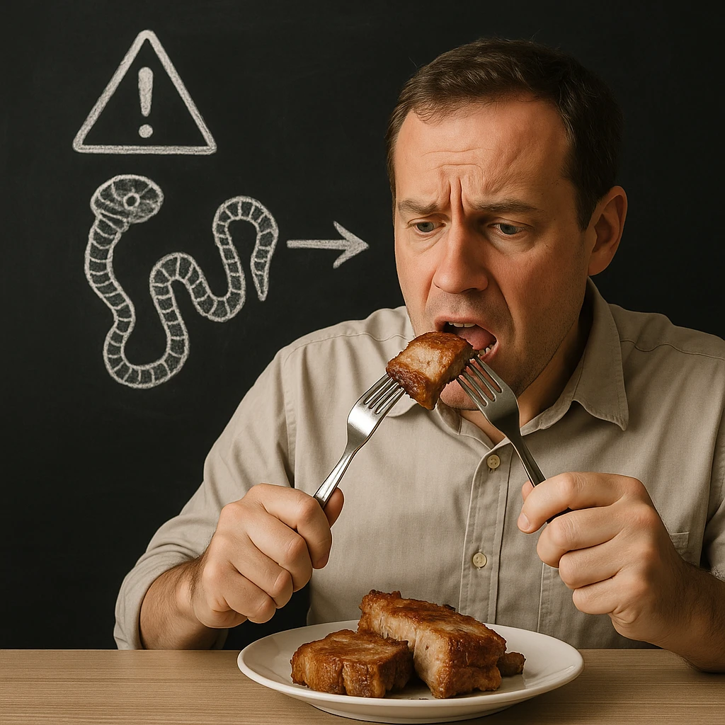 symbolic scene: man eating pork meat, behind him blackboard with drawing of tapeworm and brain connected by arrow, health alert atmosphere, 4K quality emoji