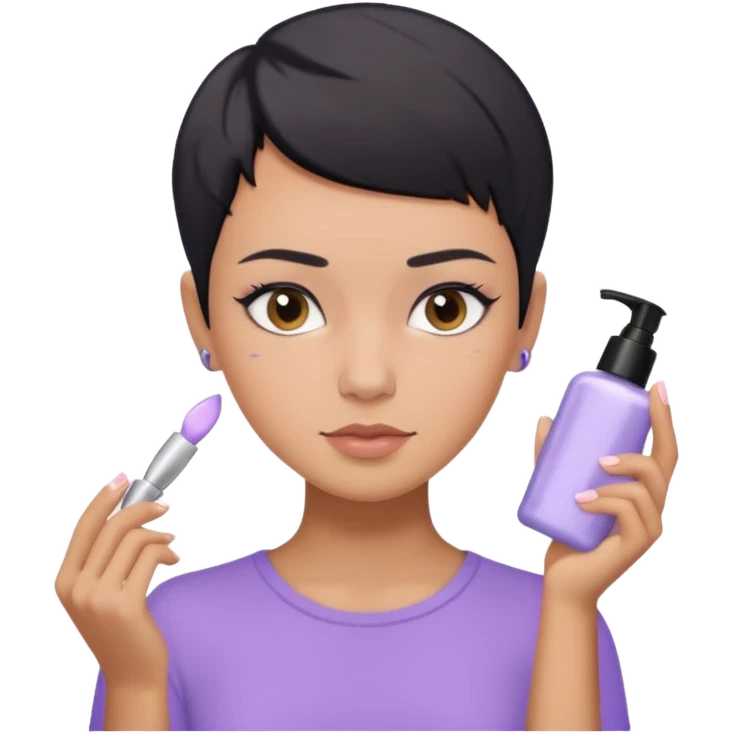 tan girl with pastel purple shirt with black hair & a pixie, doing her skin care emoji
