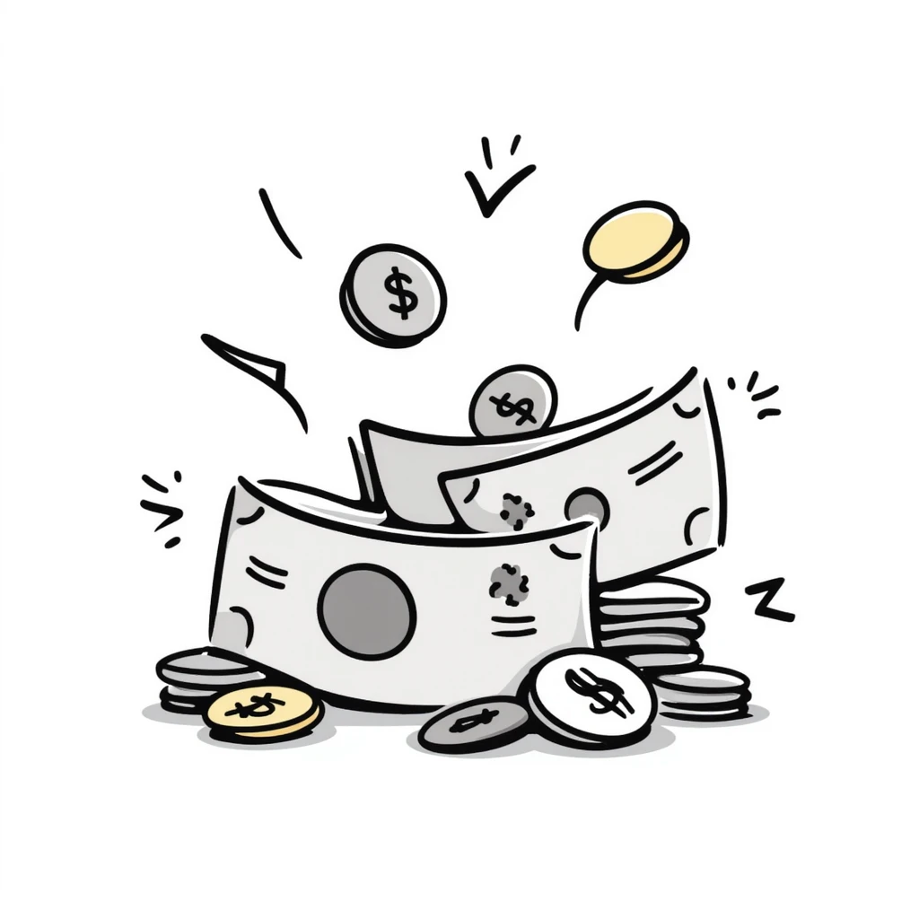 Money, cash, bills and coins in pastel colors (dd9fb0, ffc6d3, a3bfc9, c4bee2, f1b091), hand-drawn doodle style emoji