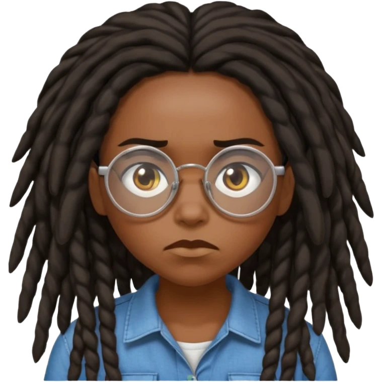 darker skin female with dark dreadlock hair wearing large round glasses saying no emoji