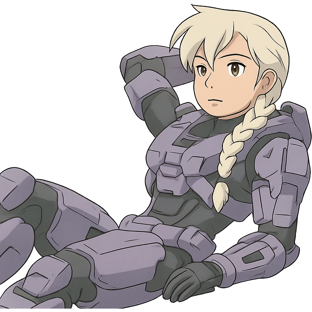 female, wearing reach spartan armor shoulder-unequip, long white braid hair with massive messy front side single bangs, gold yellow eyes, attention pose, HALO:series, no helmet, the armor is lavender color scheme, laying back and relaxing emoji