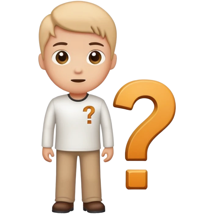 young character standing with a small help icon or question mark above their shoulder emoji
