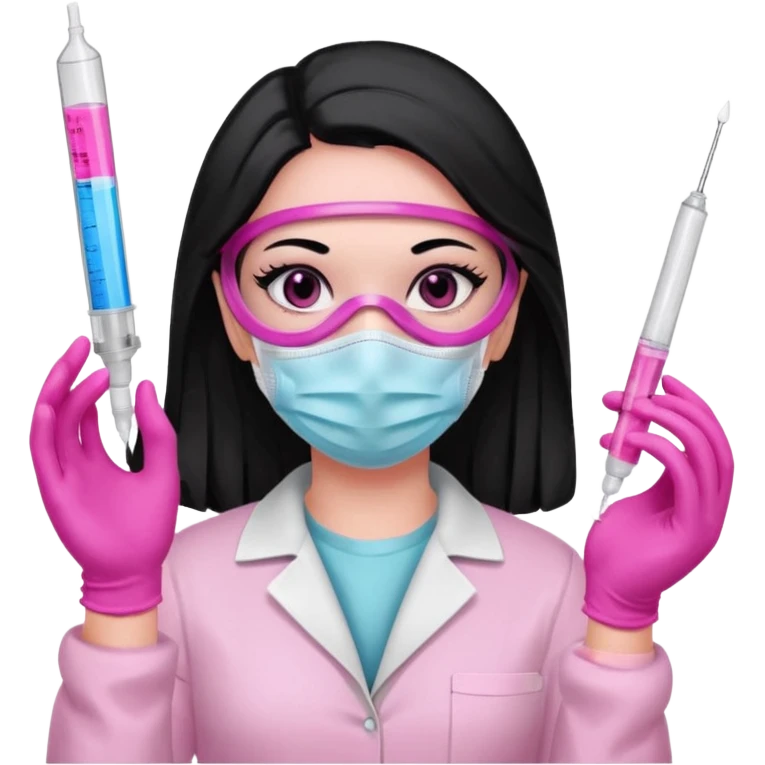laboratorista con guantes rosa y mascarilla rosa  jeringa tubo laboratorio sin lentes  y  ojos negros cabello largo negro color ojos oscuro emoji