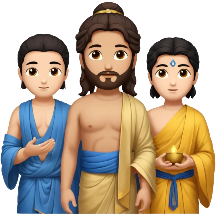 Create a Jesus, Krishna, and Buddha standing together. Buddha: warm golden or light tan skin, dark curled hair with a traditional top bun (ushnisha), half-closed meditative eyes

 emoji