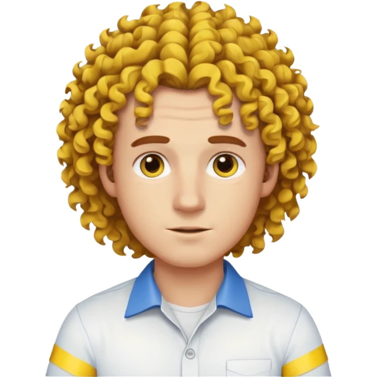 Make me an emoji that has a guy with a white shirt and yellow tape around the shirt with brown and blue spots hair make the hair curly emoji
