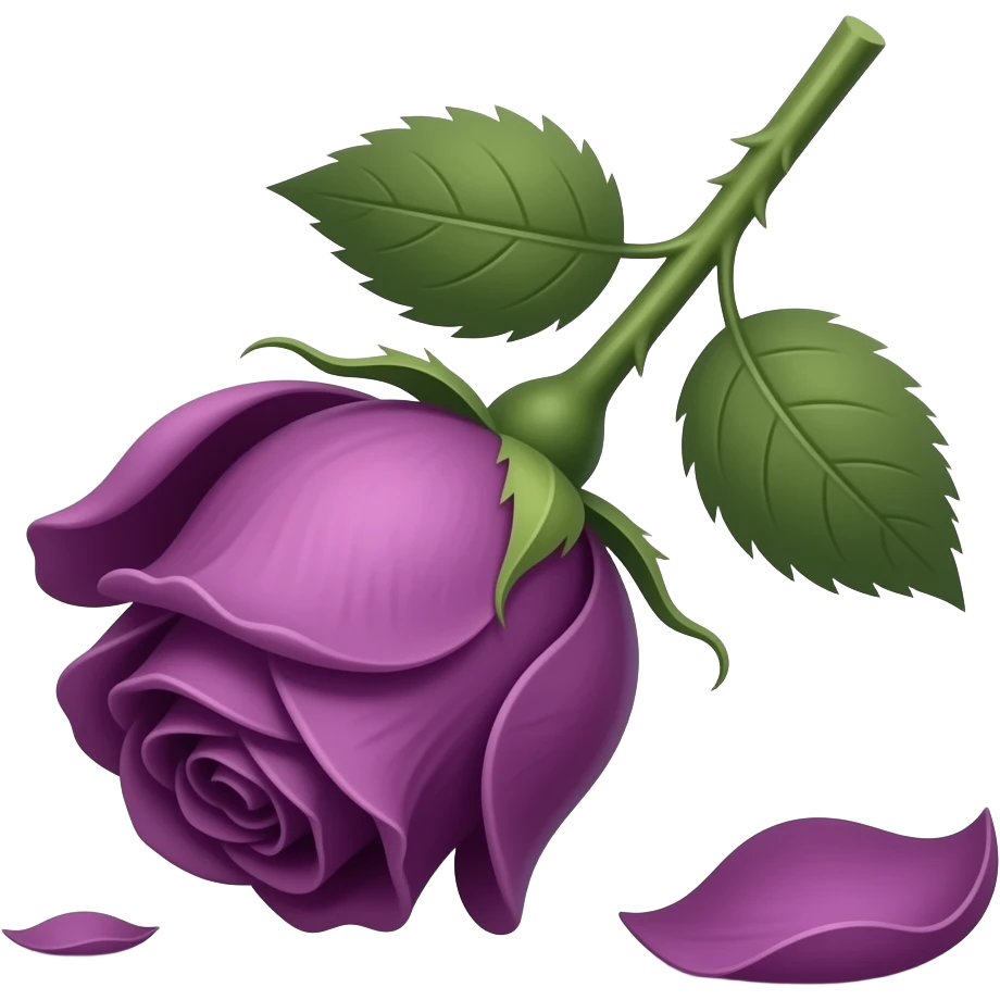 small wilting purple rose emoji with stem and leaves and thorns darker violet purple with falling petal(s) emoji