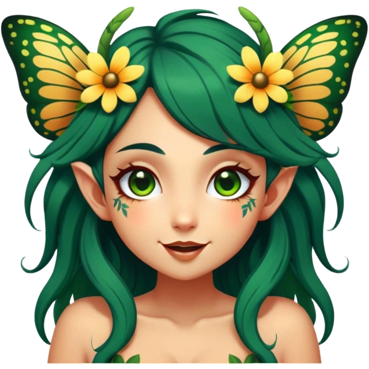 Cinematic Realistic Forest Fairy Portrait, head tilted dramatically with an exaggeratedly amused expression, featuring a striking, nature-infused form with glowing, sun-kissed tanned skin and vividly detailed dark green hair adorned with floral accents. Her expressive eyes brim with playful forest mischief, rendered with vibrant, lifelike textures and dynamic dappled lighting that conveys a spirited, over‐the‐top woodland whimsy showing her large butterfly wings from her back. emoji