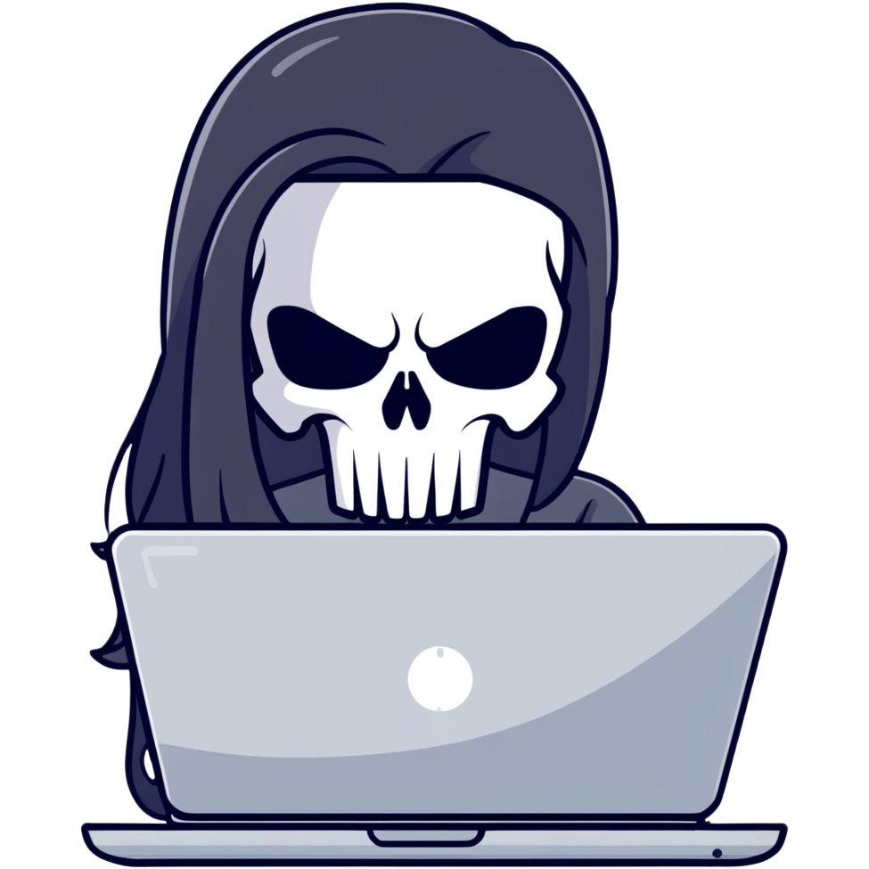girl Punisher skull with straight long black hair typing on laptop emoji