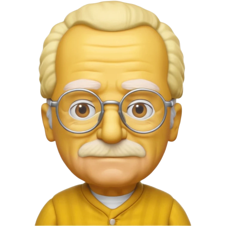 A 3D cartoon close-up of Grandpa Abe Simpson from The Simpsons, rendered in Memoji-style with bald yellow head, white tufts of hair on the sides, wrinkled face, glasses, and warm lighting. Match the Simpsons family color tone and style, yellow dress. emoji