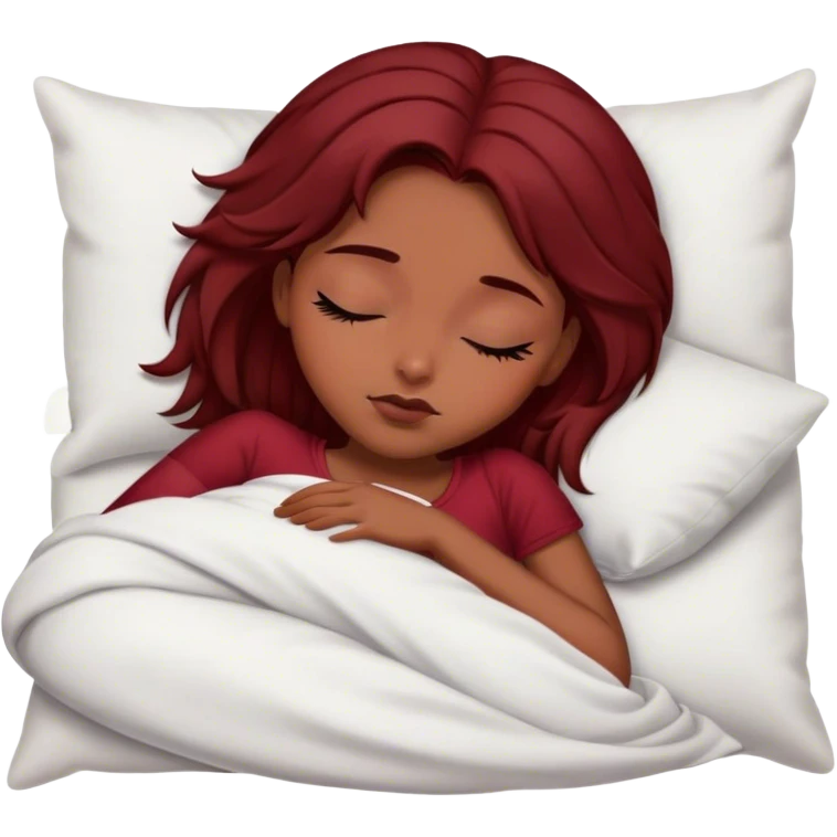 Chica con cabello rojo obscuro , cabello medio largo , morena con ojos grandes negros durmiendo  emoji