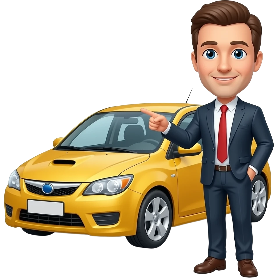 It creates an image of a man standing in the distance pointing towards a car emoji