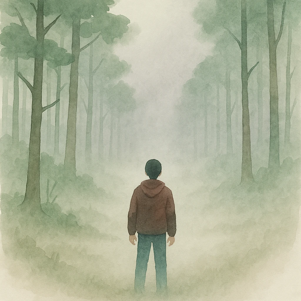 Stranger Things series, watercolor art style, Hawkins forest with eerie mist emoji