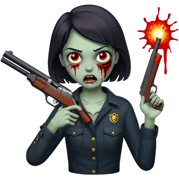 Survivor firing shotgun at zombie, flying blood, intense expression, dark style, no background










 emoji