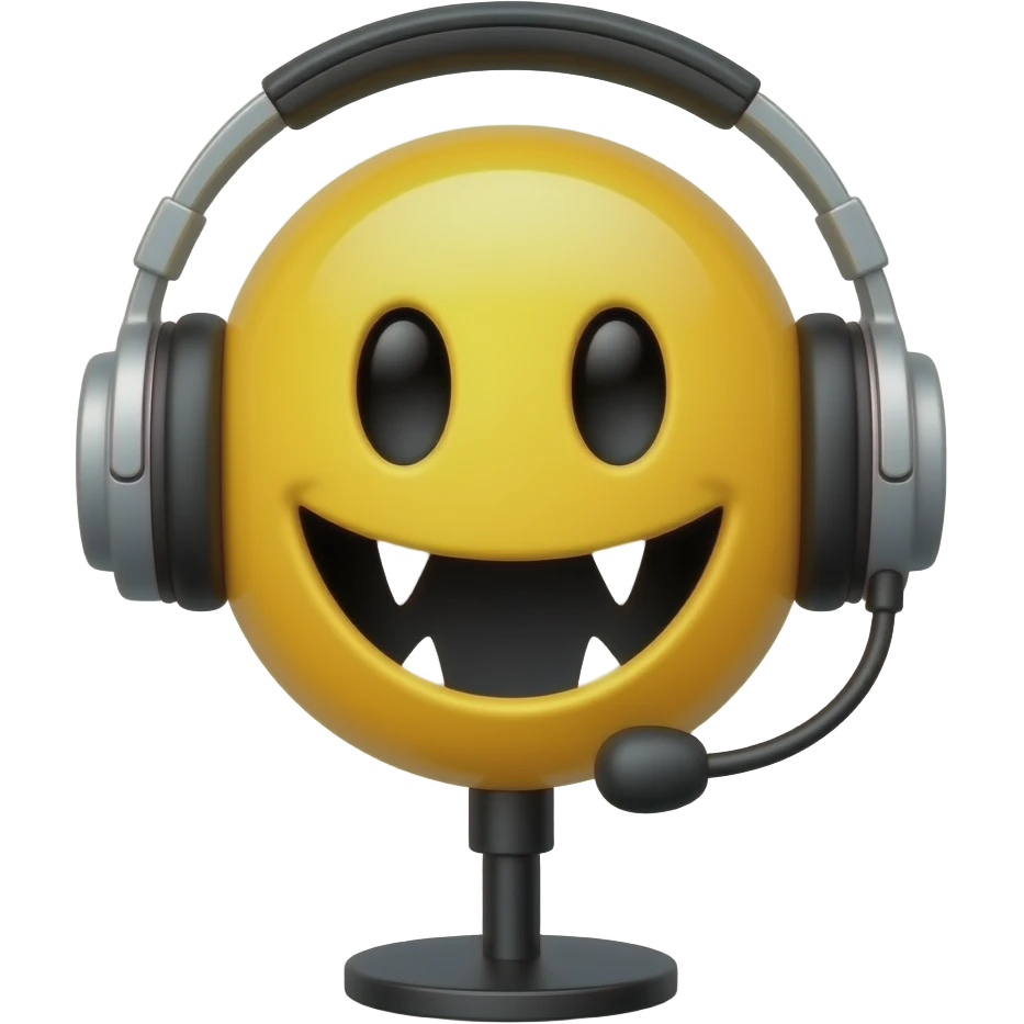Vampire yellow smiley face with headphones and a standing desk microphone emoji