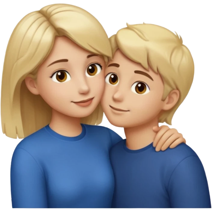 a girl with blonde hair and brown eyes giving a kiss on the cheek to a boy with brown hair and brown eyes, emoji style emoji