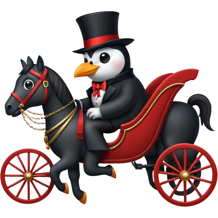 A penguin dressed as dracula riding a 3 horse carriage emoji