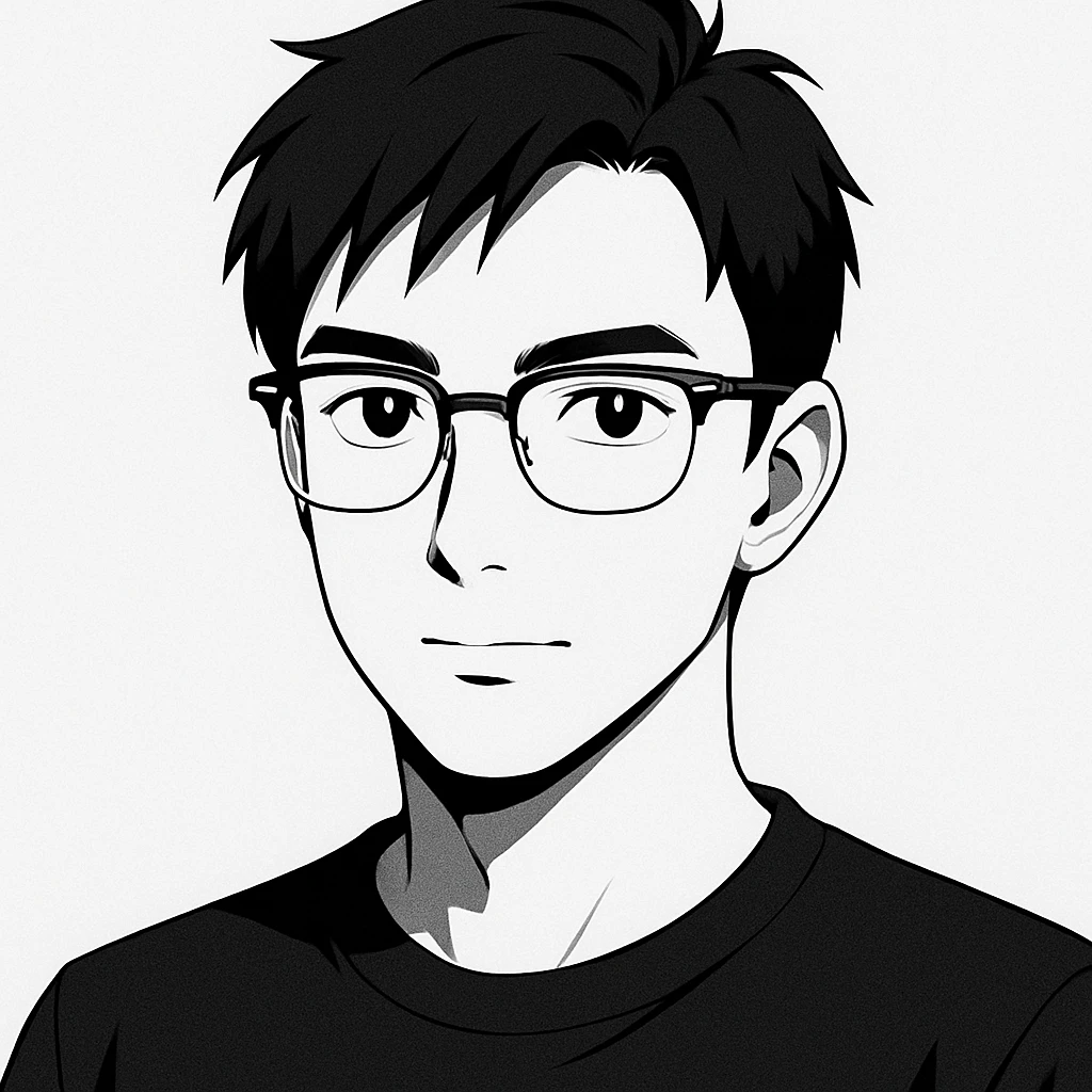 Create a half portrait in black and white anime style of an Asian male age 25, wearing Ray-Ban half frame glasses and a black t-shirt. Maintain the anime aesthetic with clear facial features and the specified accessories. emoji