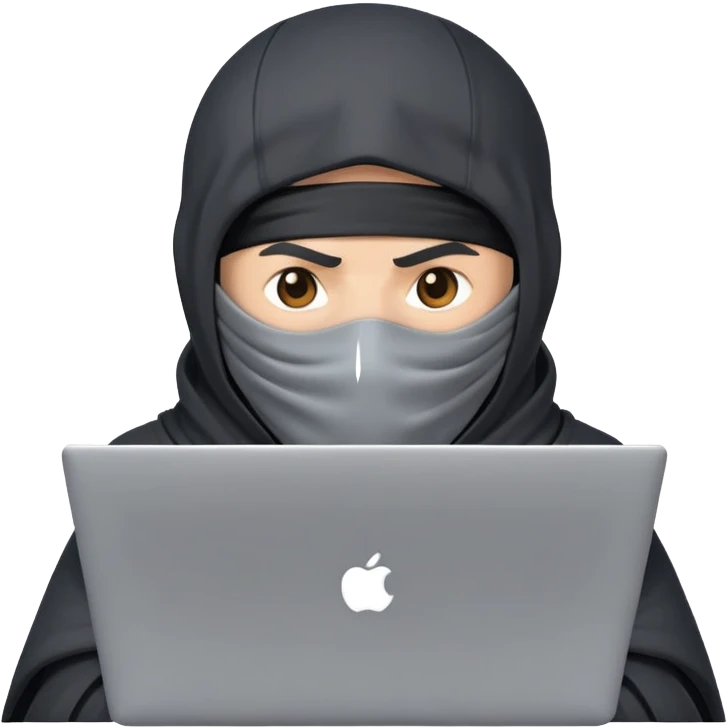Ninja wearing  light grey cloth without covering the head and only covering the face working with laptop ,ninja should face the laptop  emoji