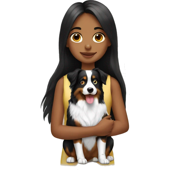 a girl with long black hair holding an Australian shepherd emoji