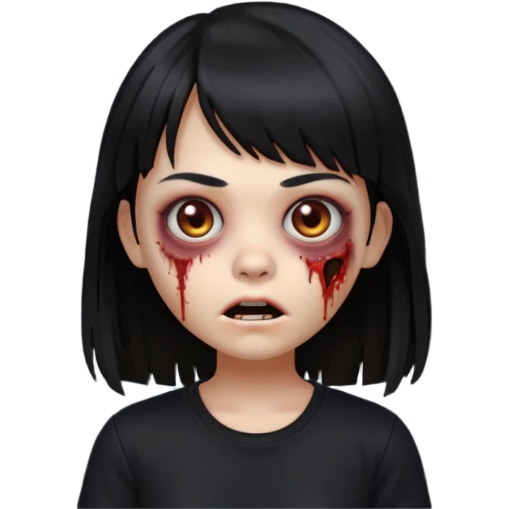 uma garota zumbi no formato Memoji da apple com o cabelo cumprido, preto liso e com franja, blusa preta emoji
