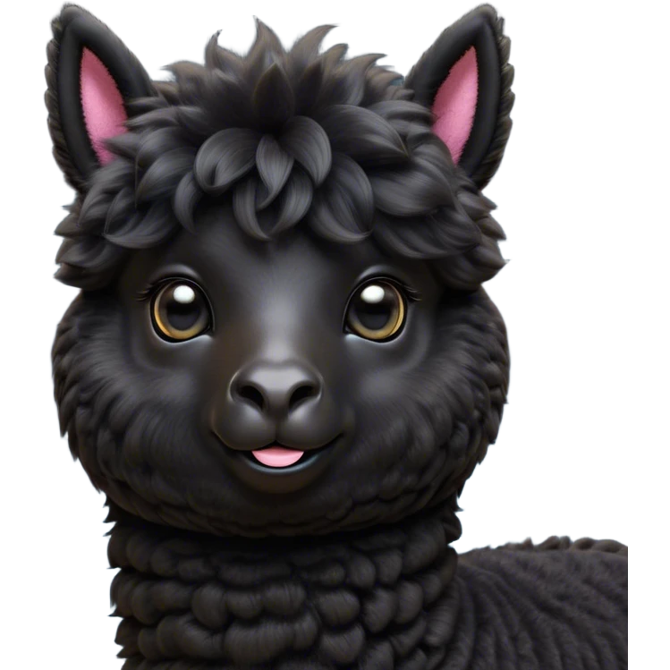 Cinematic Cute Black Alpaca Portrait Emoji, Head tilted playfully and inquisitively, featuring a plush, shiny jet-black fleece with a lustrous sheen, round, sparkling dark eyes filled with curiosity, Simplified yet irresistibly adorable features, highly detailed, glowing with a warm, friendly glow, high shine, affectionate and gentle, stylized with a touch of whimsy, bright and endearing, soft glowing outline, capturing the essence of a mischievous yet loving alpaca, so playful it feels like it could prance out of the screen and into your arms! emoji