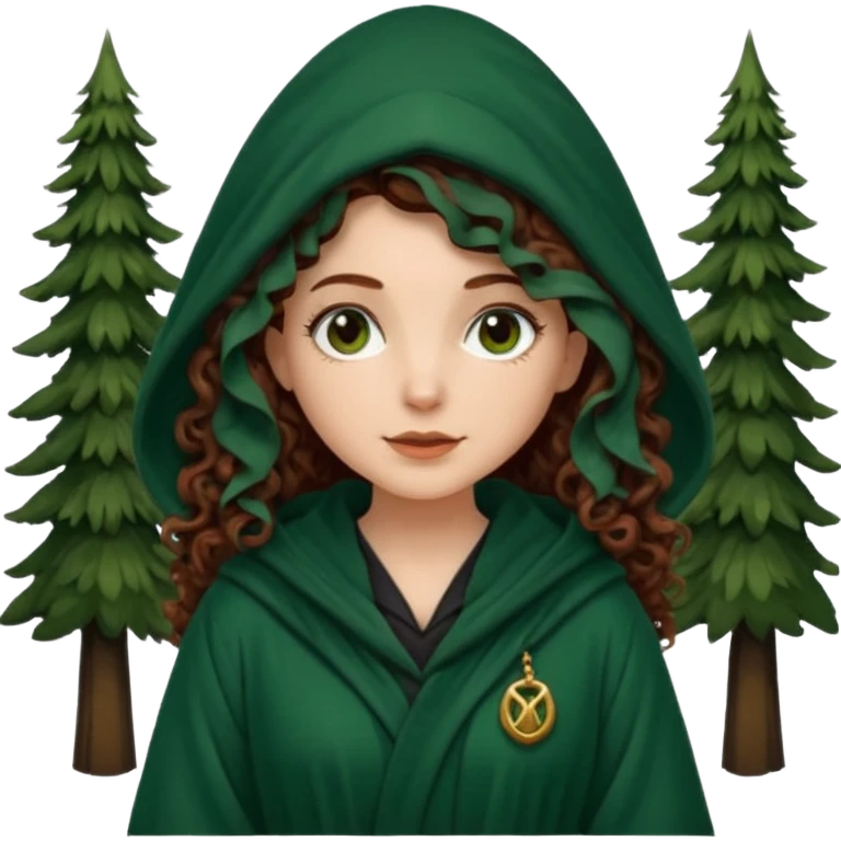 A white woman, a little thicker, with long dark auburn hair robed and hooded like she's a Traitor in the tv show The Traitors. her hair is mostly curly (kinda frizzy, not clean curls) and the robe is a dark dark forest green green emoji