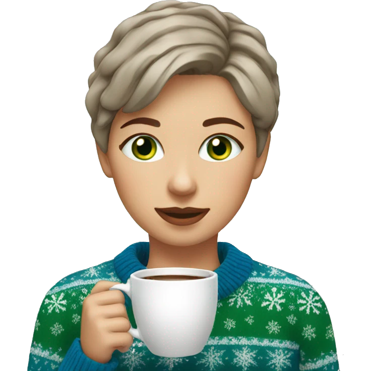 Light brown short haired girl with green eyes drinking coffee wearing blue Christmas sweater emoji