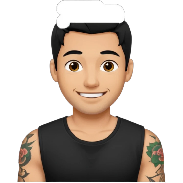 A man in tattoos handsome with flirty smile till legs black hair emoji