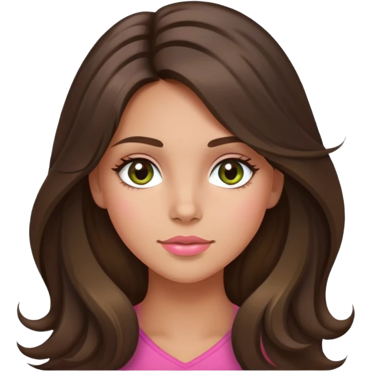 Long haired Brunette with highlights in her hair and hazel green eyes  slightly tanned white girl with pink peach lips and rosy cheeks emoji