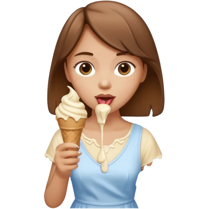 Un fille  brune au vêtement  beige qui mange une glace emoji