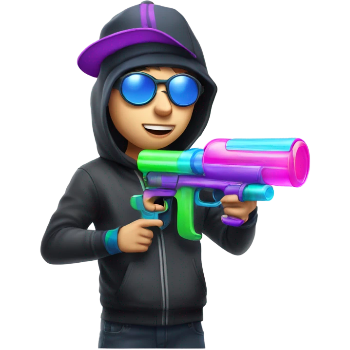 Caucasian boy in rave gear with mask and hat and shooting a bubble gun emoji