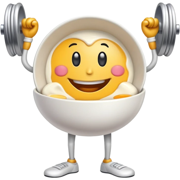 Breakfast bowl with a face on it and arms and legs ready for gym emoji
