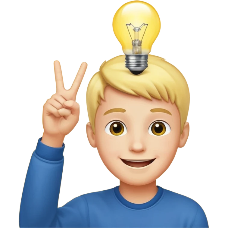 A boy with smily face with victory sign and bulb is glowing above face emoji