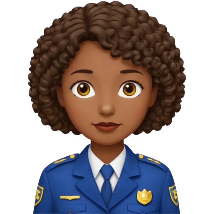 Middle-aged Female: dark skin, wearing uniform, approachable face, curly short brown hair emoji