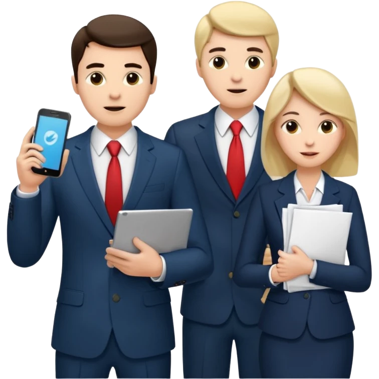 Команда в костюмах из трёх человек. на переднем палне Мужчина впереди общается по смартфону, дальше женщина слева стоит с ноубуком, мужчина справа держит бумаги emoji