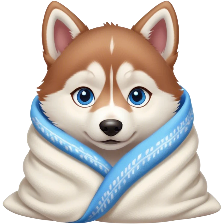 kawaii disney red siberia husky puppy with blue eyes, cozy in a blanket emoji