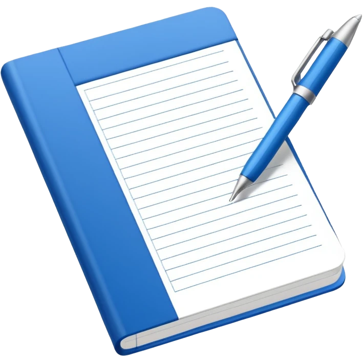 Front-facing notebook icon with a pen on the right side, minimal line-art, clean modern style, perfectly straight angle (no tilt), simple outlines, slightly 3D, no background, transparent, “documenting / journaling / tracking progress emoji