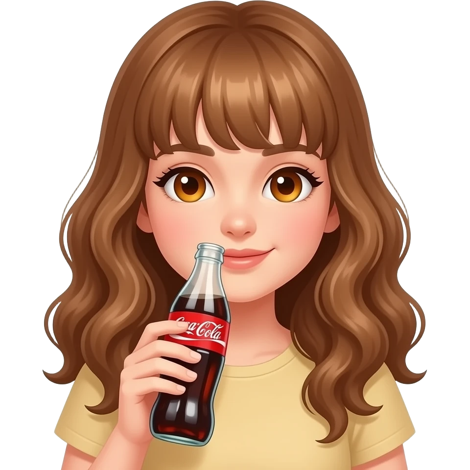 girl with wavy light brown hair and curtain bangs with amber eyes drinking a diet coke emoji